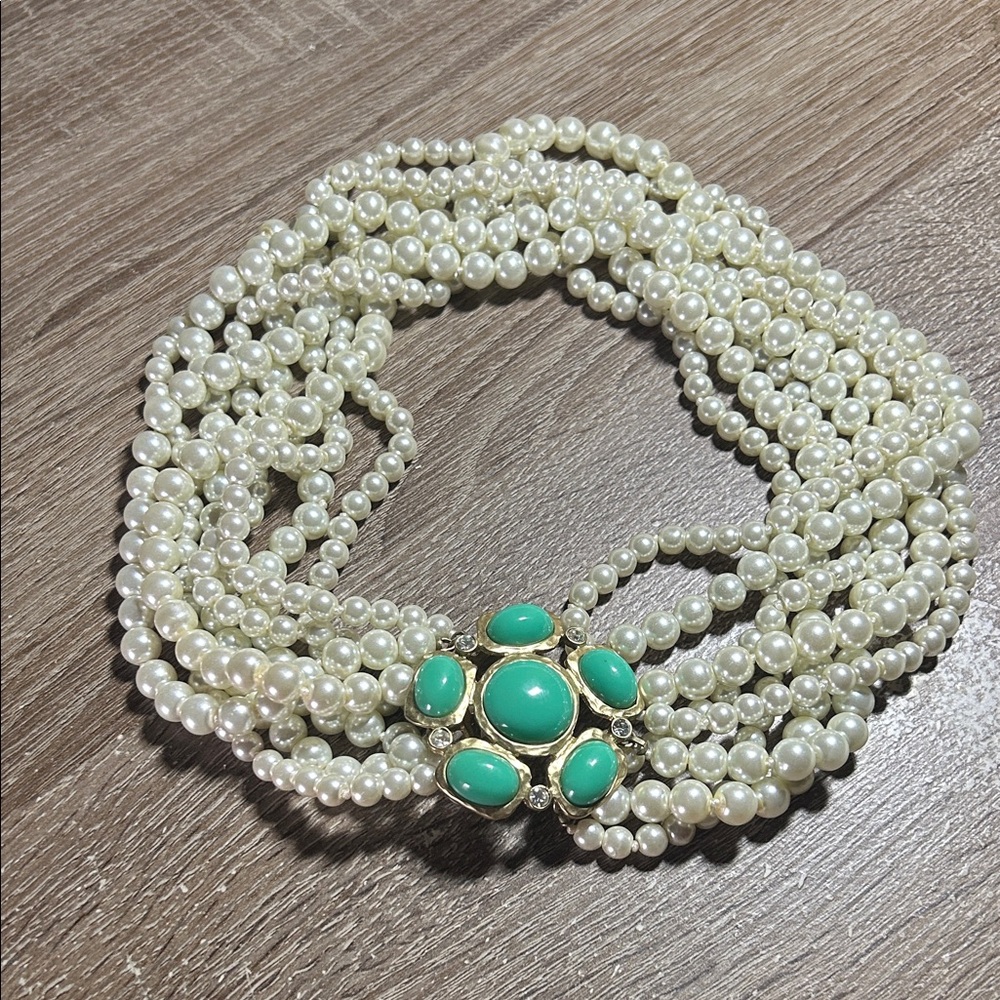 Multi-Strand Kenneth Lane Pearl Choker Necklace with Turquoise Accent Clasp